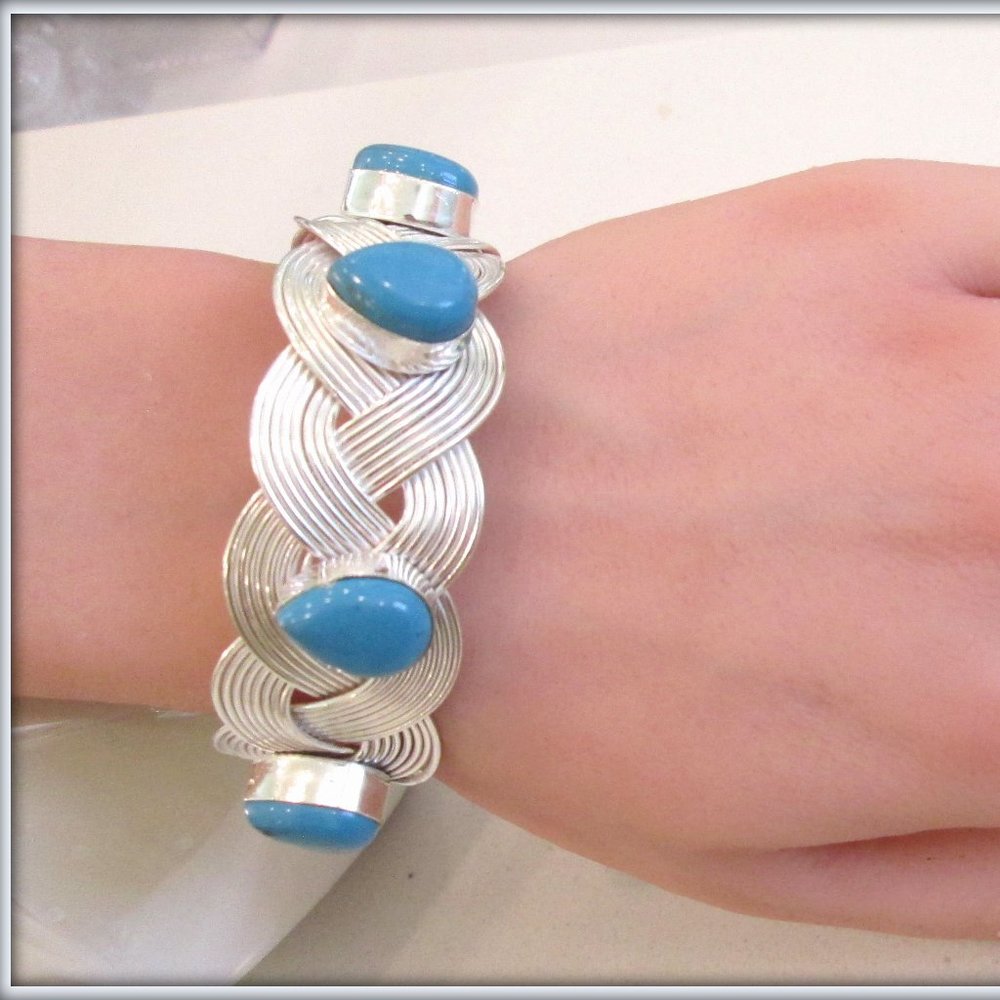 turquoise natural Persian gemstone ladies silver bracelet adjustable